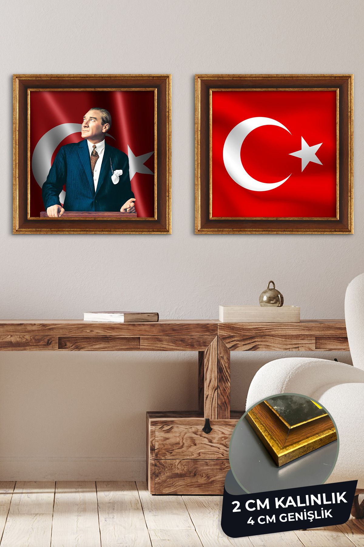 Evimemoda-Mustafa Kemal Atatürk and Turkish Flag Framed 2 Piece Painting 1