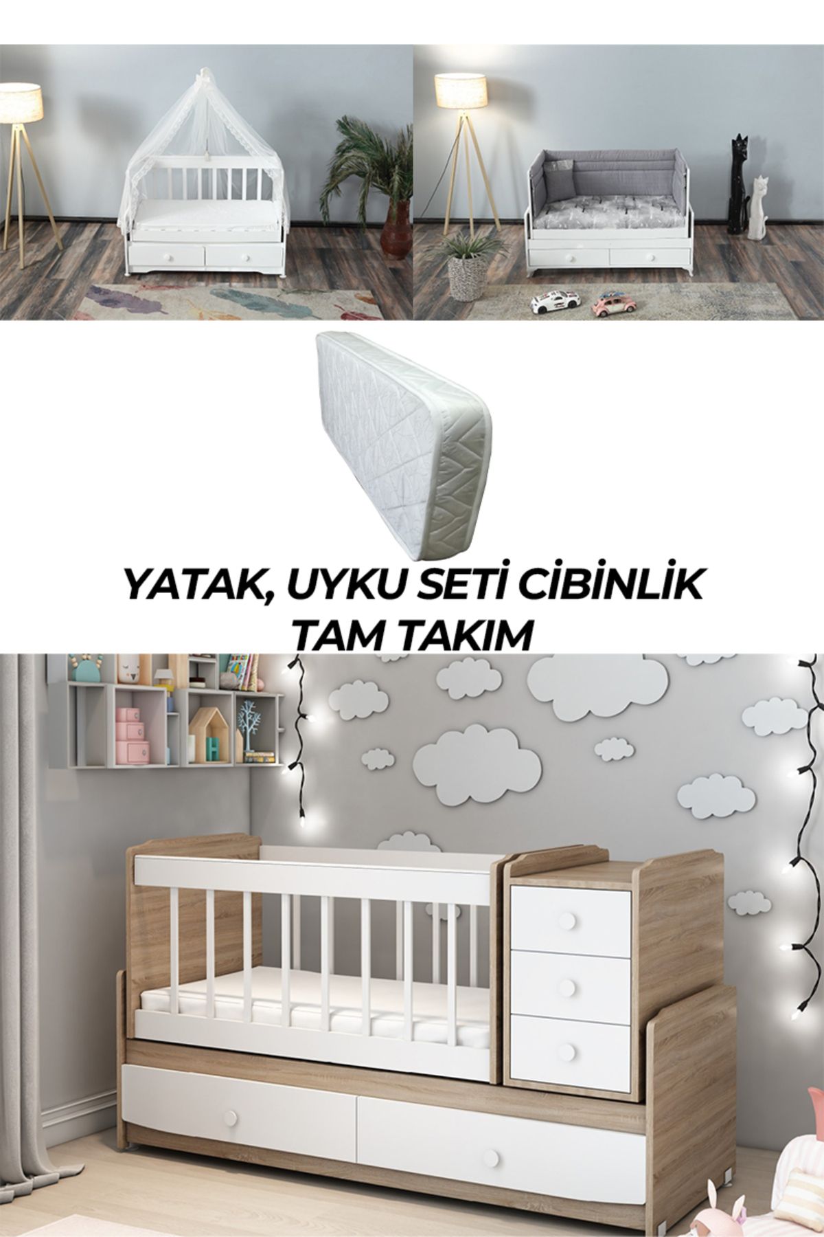 PATİKO FURNİTURE MS 290 SONOMO BÜYÜYEBİLEN BEŞİK YATAK UYKU SETİ CİBİNLİK TAM TAKIM