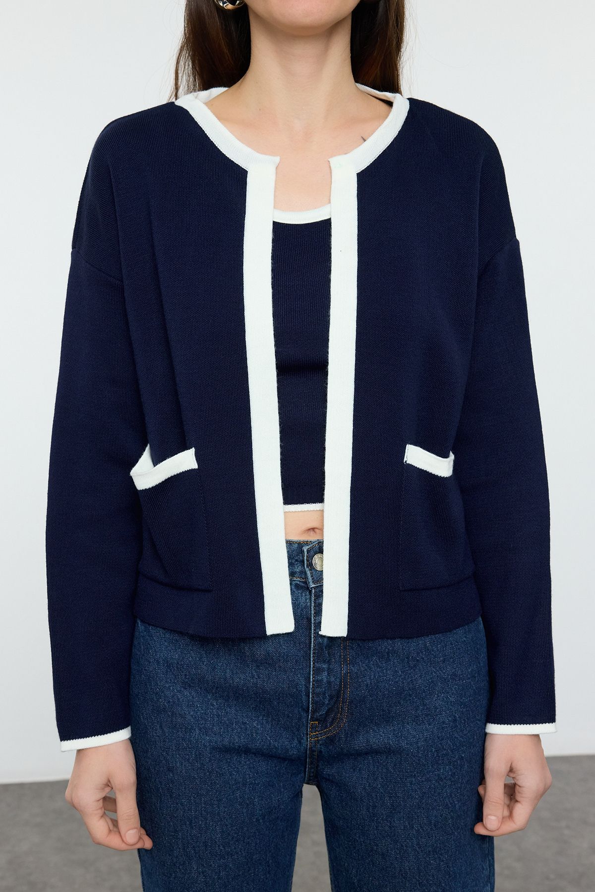 TRIKO TIME COLLECTION-Navy Blue Contrast Striped Women's Knitwear Blouse and Cardigan Set Tt00Hb16 2