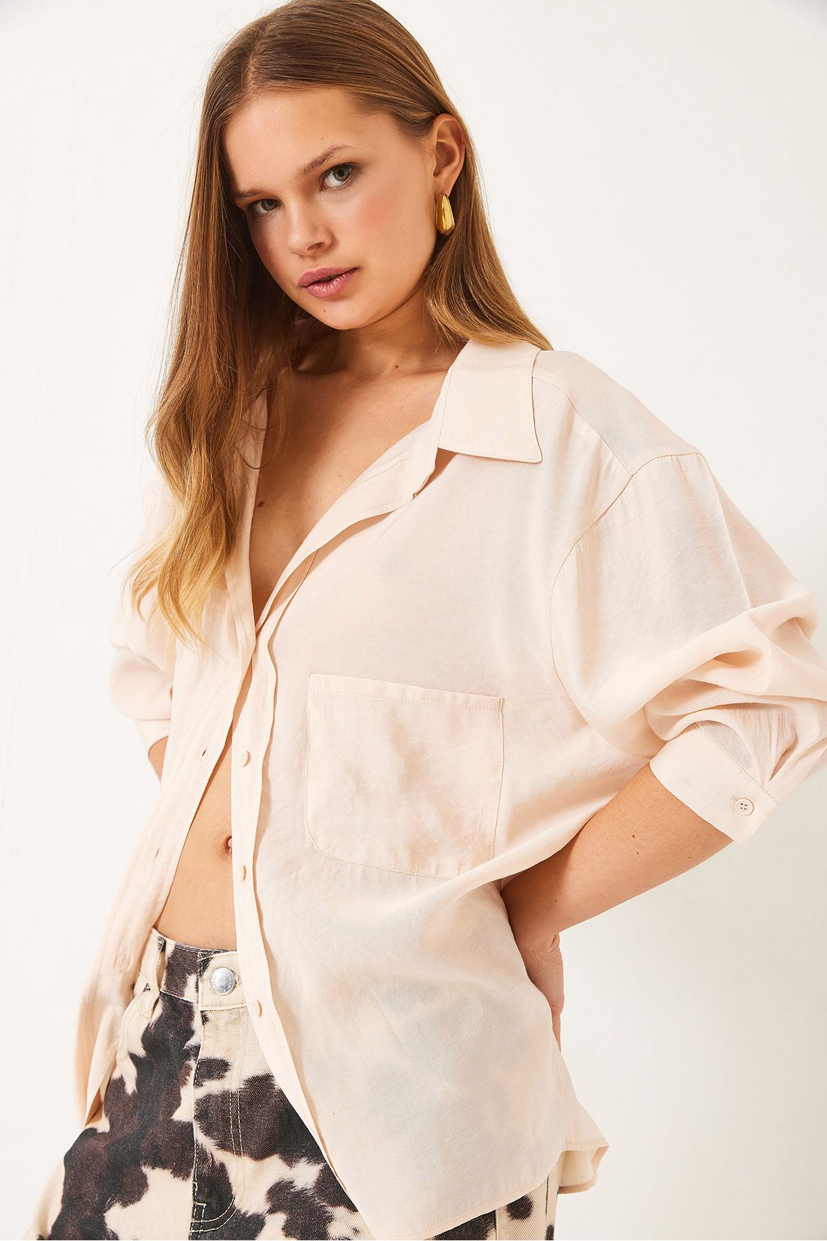 Bianco Lucci-Women's Oversize V-Neck Modal Shirt 60388 60271075 6