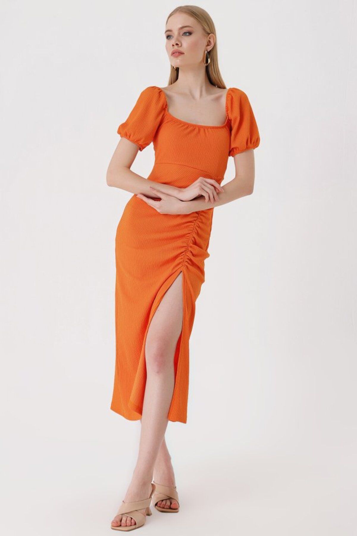 ASFSTORE 2396 Yırtmaçlı Yazlık Örme Elbise - Turuncu