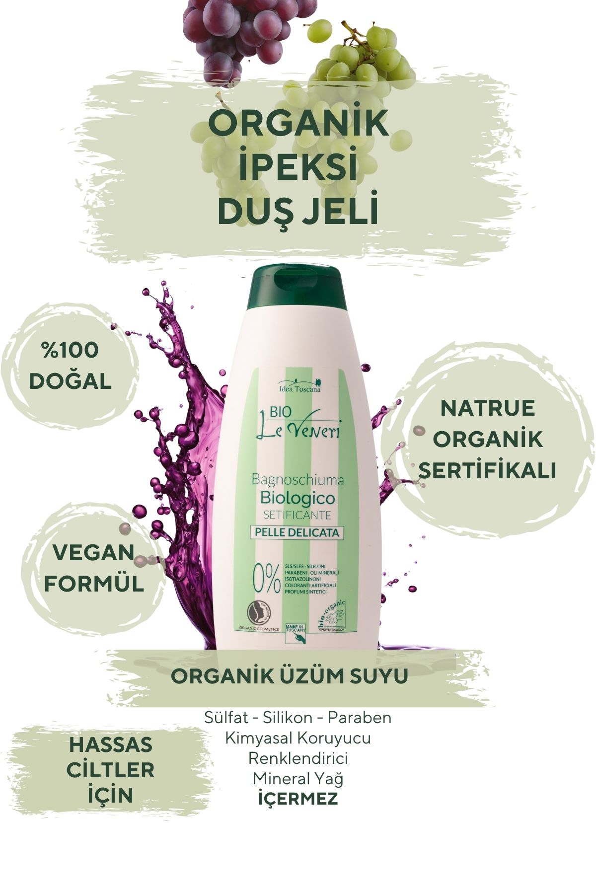 idea Toscana Doğal & Organik Duş Jeli - Üzüm Suyu, Hindistan Cevizi Sütü & Gül Özü, Hassas Cilt - 500 ml