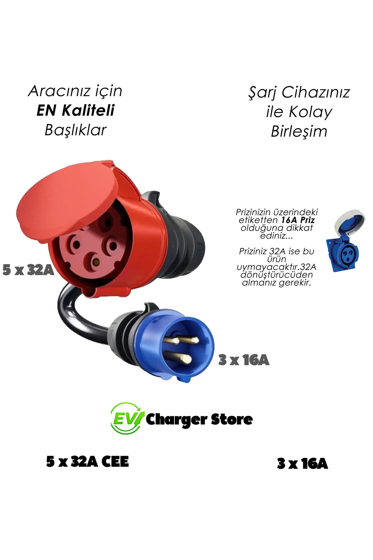Ev Charge Store Elektrikli Araç Şarj Cihazı Trifaze 5x32A - Monofaze 3x16A Dönüştürücü Priz