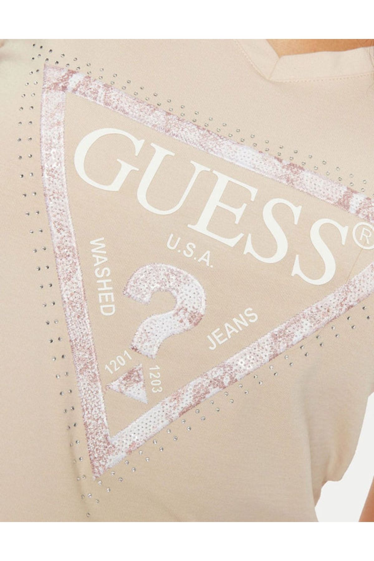 Guess Jeans-Women's beige triangle triangle big logo Guess jeans 3