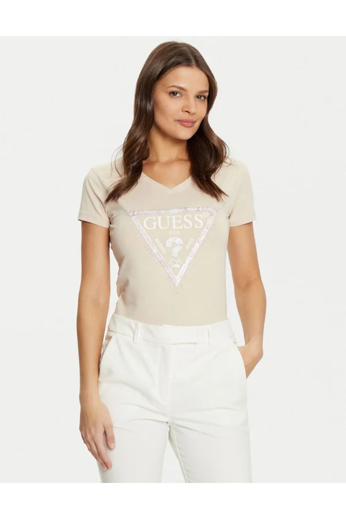 Guess Jeans-Women's beige triangle triangle big logo Guess jeans 1