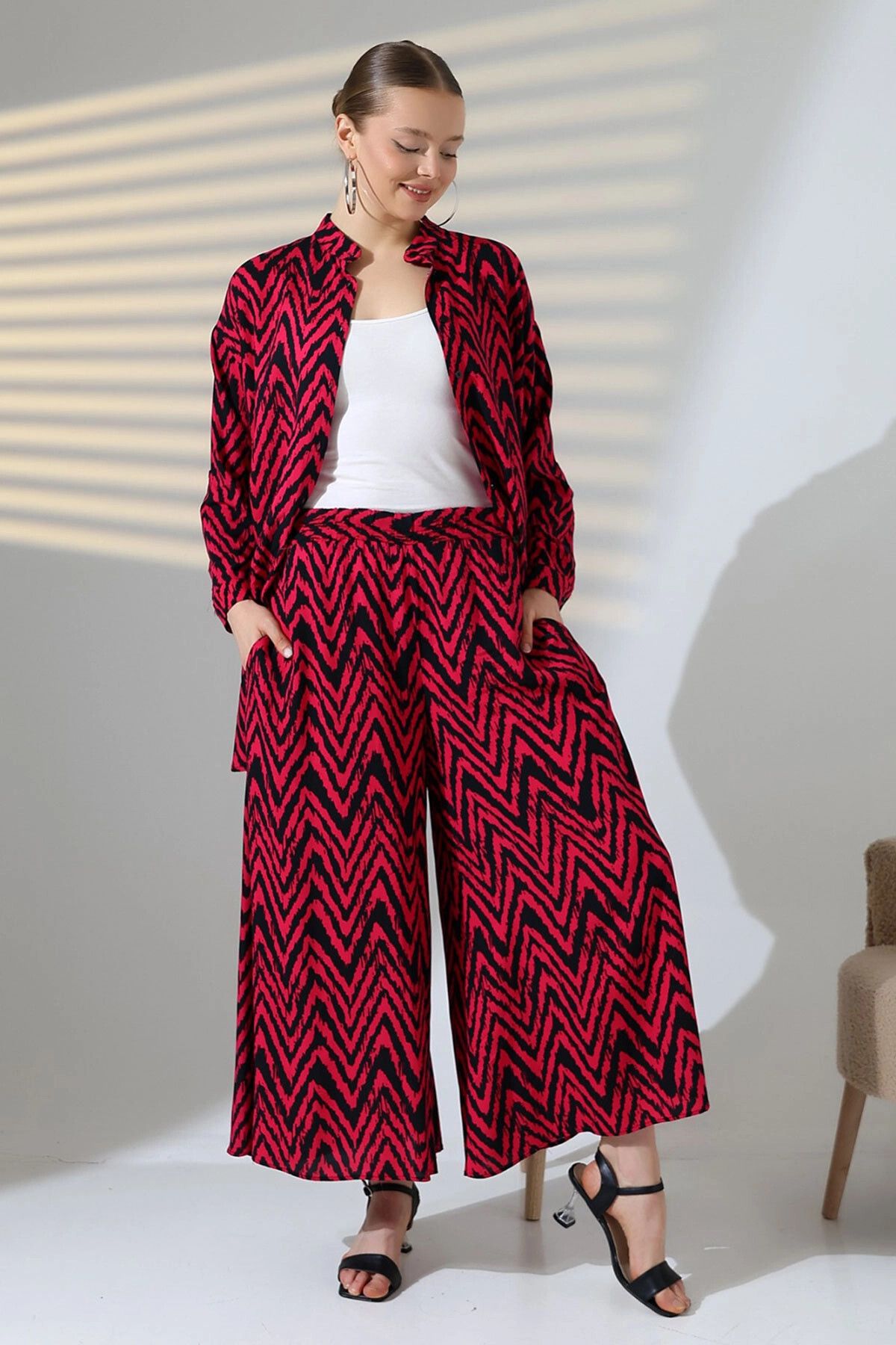 bacc-Fuchsia Judge Collar Zigzag Patterned Shirt and Trousers Woven Bottom Top Set Bcvl-25V053-1 2