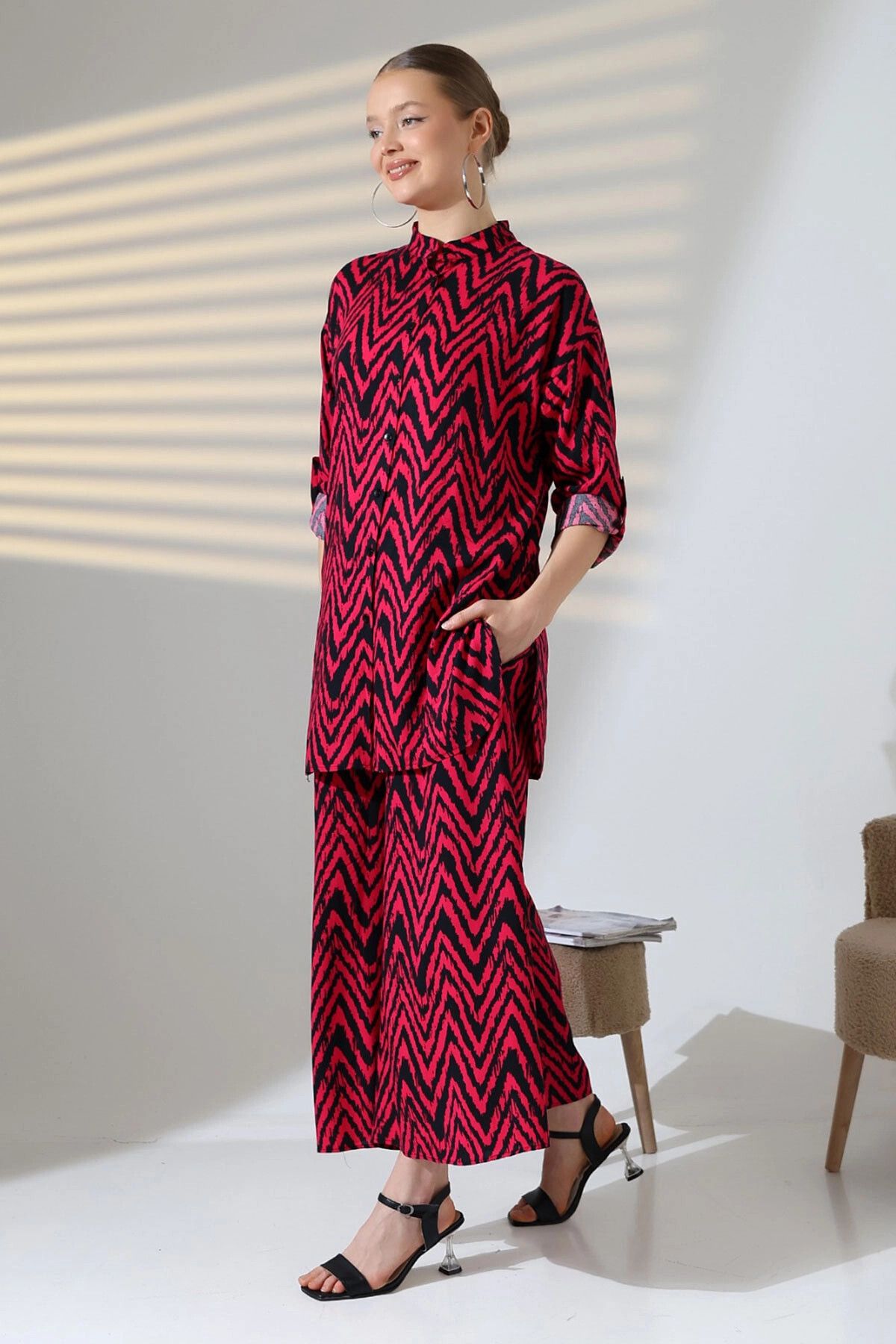 bacc-Fuchsia Judge Collar Zigzag Patterned Shirt and Trousers Woven Bottom Top Set Bcvl-25V053-1 6
