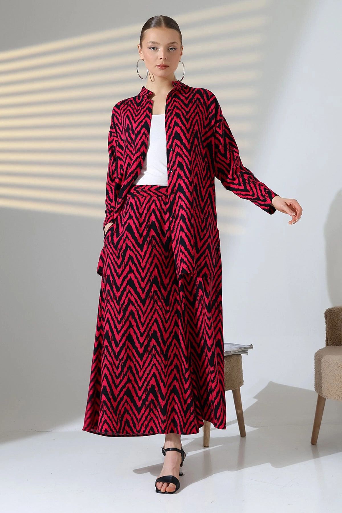 bacc-Fuchsia Judge Collar Zigzag Patterned Shirt and Trousers Woven Bottom Top Set Bcvl-25V053-1 1