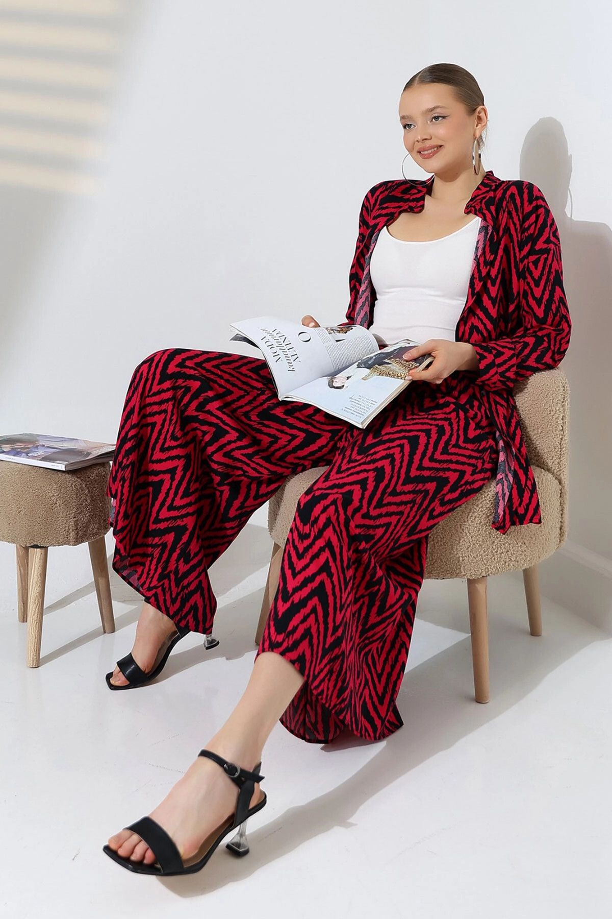 bacc-Fuchsia Judge Collar Zigzag Patterned Shirt and Trousers Woven Bottom Top Set Bcvl-25V053-1 4