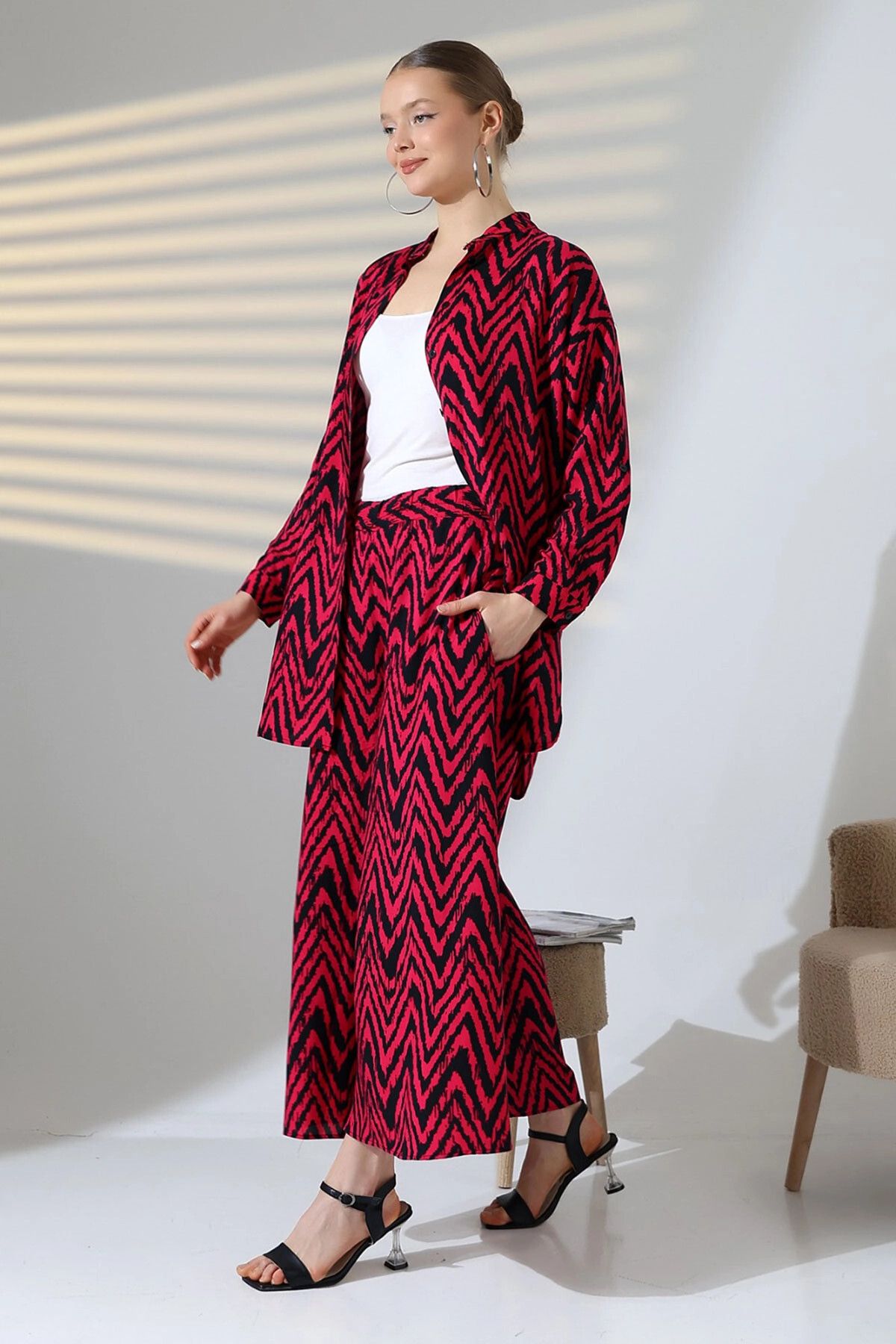 bacc-Fuchsia Judge Collar Zigzag Patterned Shirt and Trousers Woven Bottom Top Set Bcvl-25V053-1 5