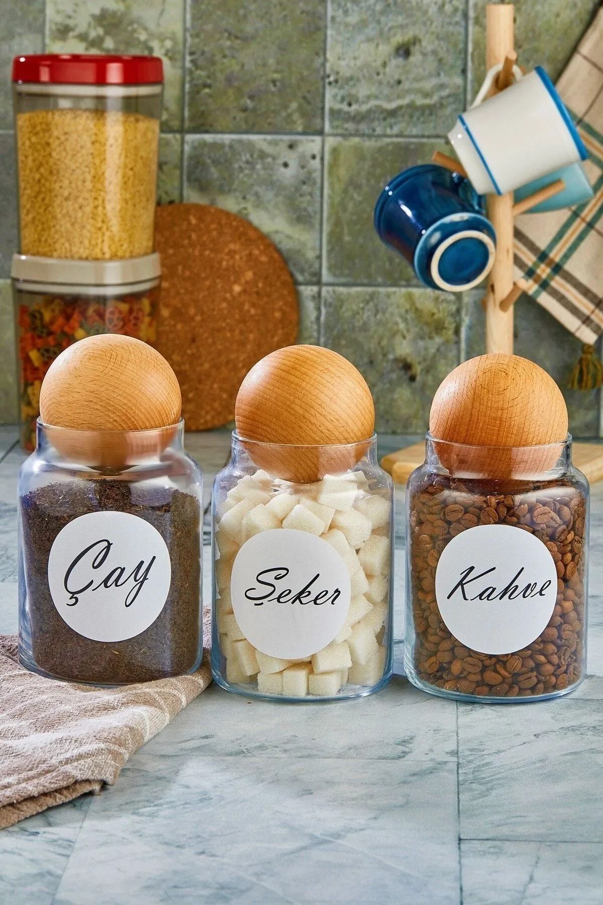 FBZhome-3-Piece Wooden Ball Lid Tea Sugar Coffee Jar Glass Storage Container 800 ml 1