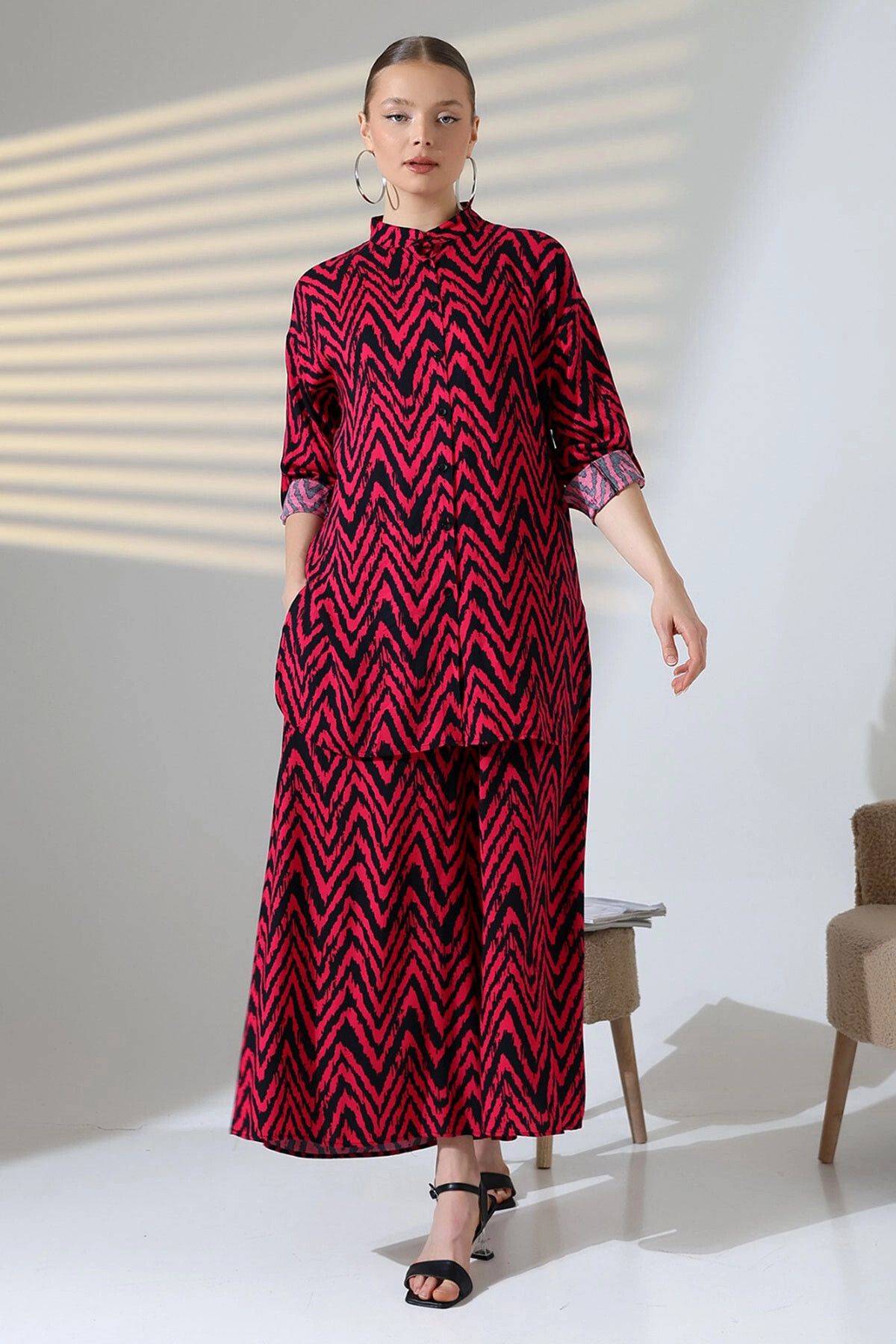 bacc-Fuchsia Judge Collar Zigzag Patterned Shirt and Trousers Woven Bottom Top Set Bcvl-25V053-1 7