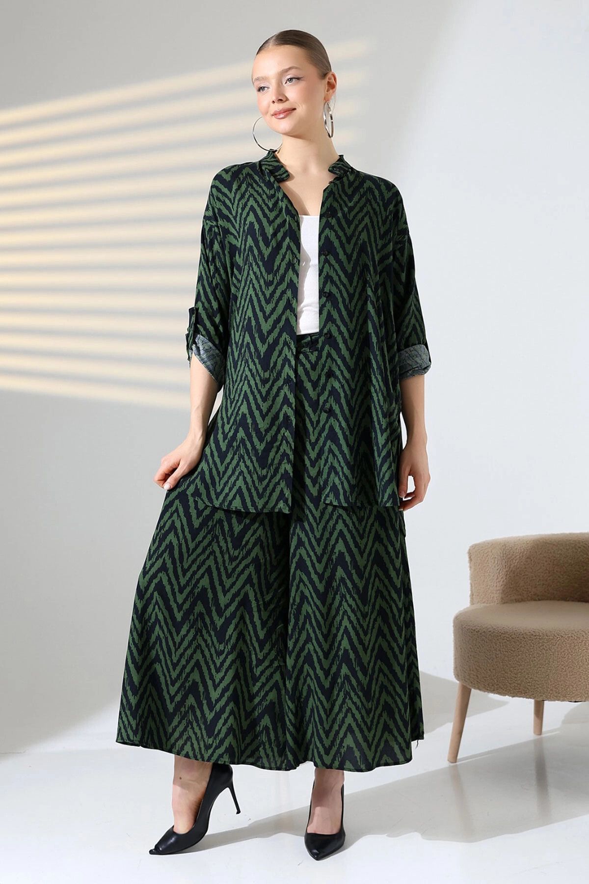 bacc-Khaki Judge Collar Zigzag Patterned Shirt and Trousers Woven Bottom Top Set Bcvl-25V053-1 5