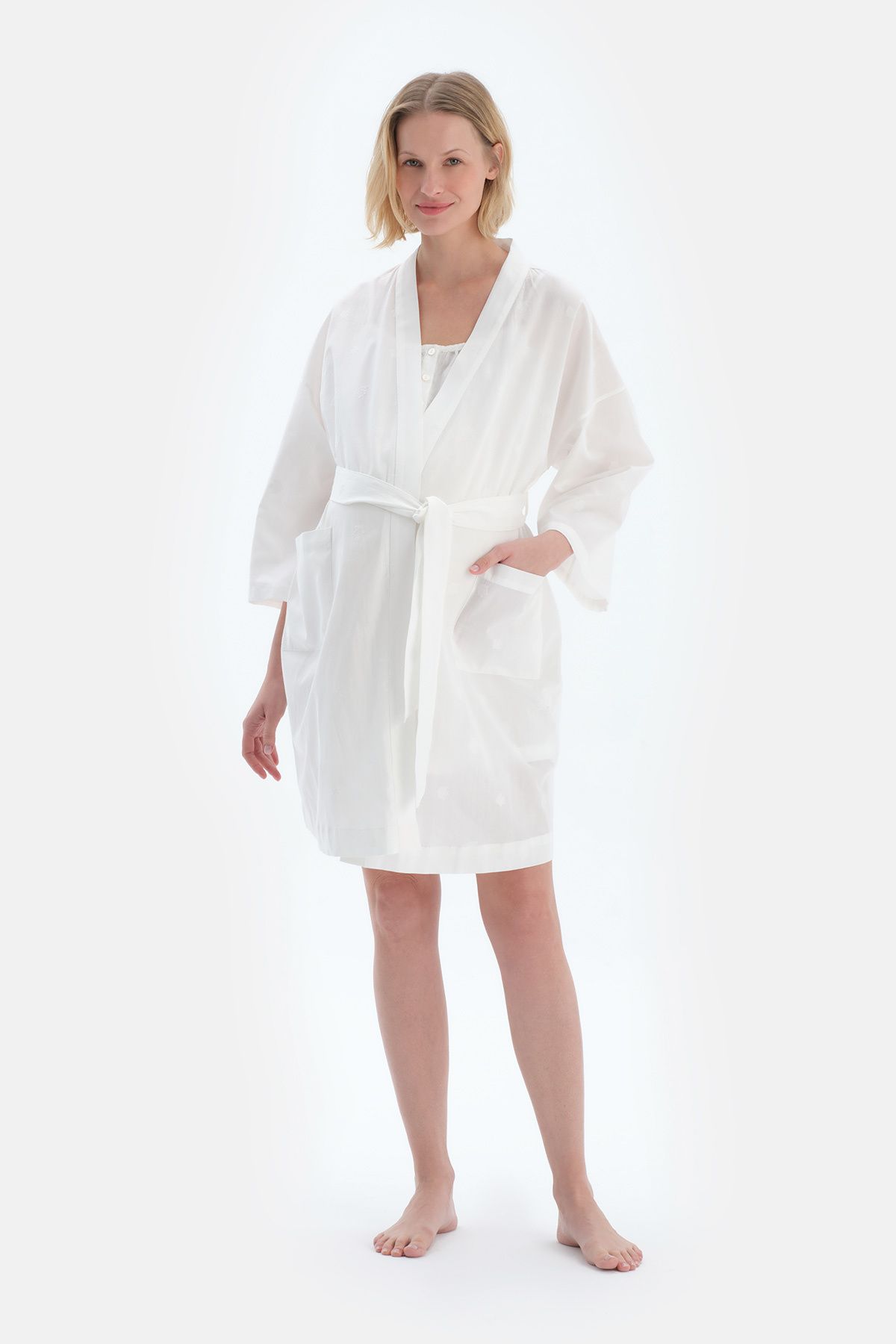 Dagi-White Long Sleeve Poplin Woven Maternity Dressing Gown 4