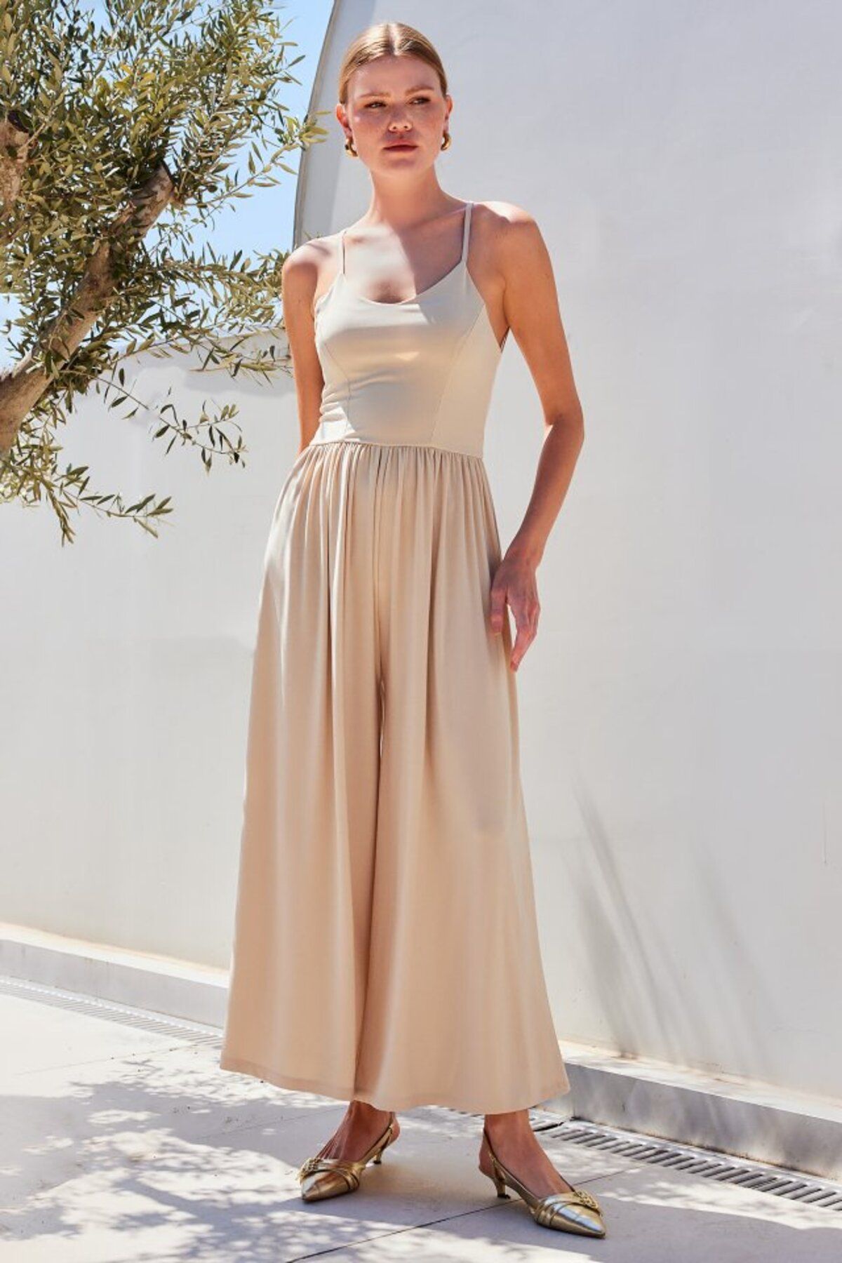 ASFSTORE 7029 Bol Paça Askılı Tulum - Bej