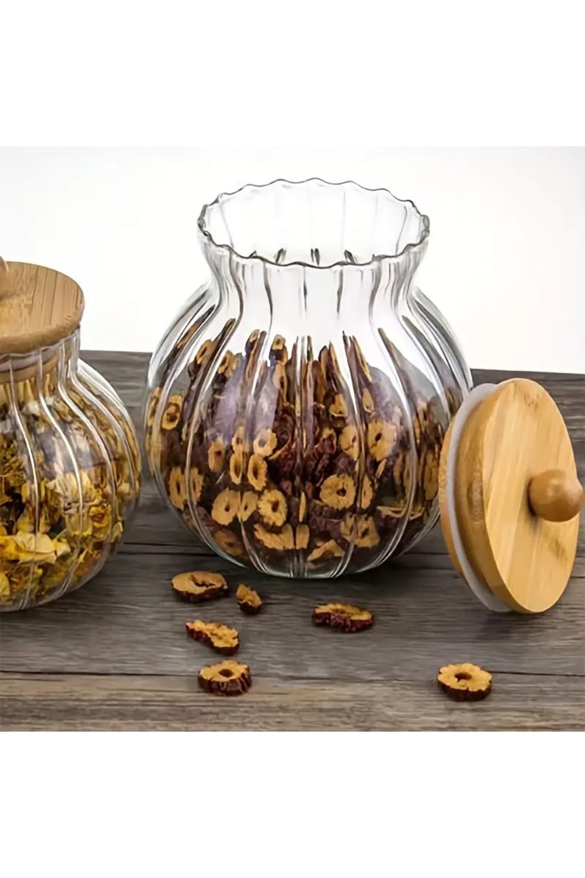 devigo-3Pcs Striped Glass Storage Jar with Bamboo Lid - Multi-Purpose Jar Set 4
