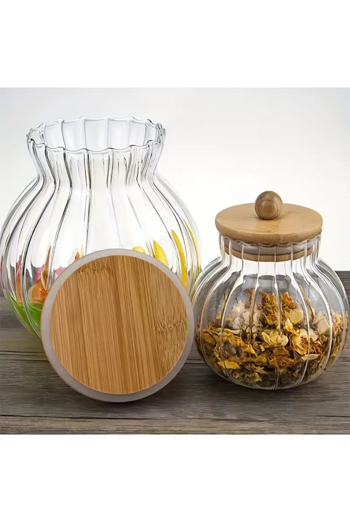 devigo-3Pcs Striped Glass Storage Jar with Bamboo Lid - Multi-Purpose Jar Set 5