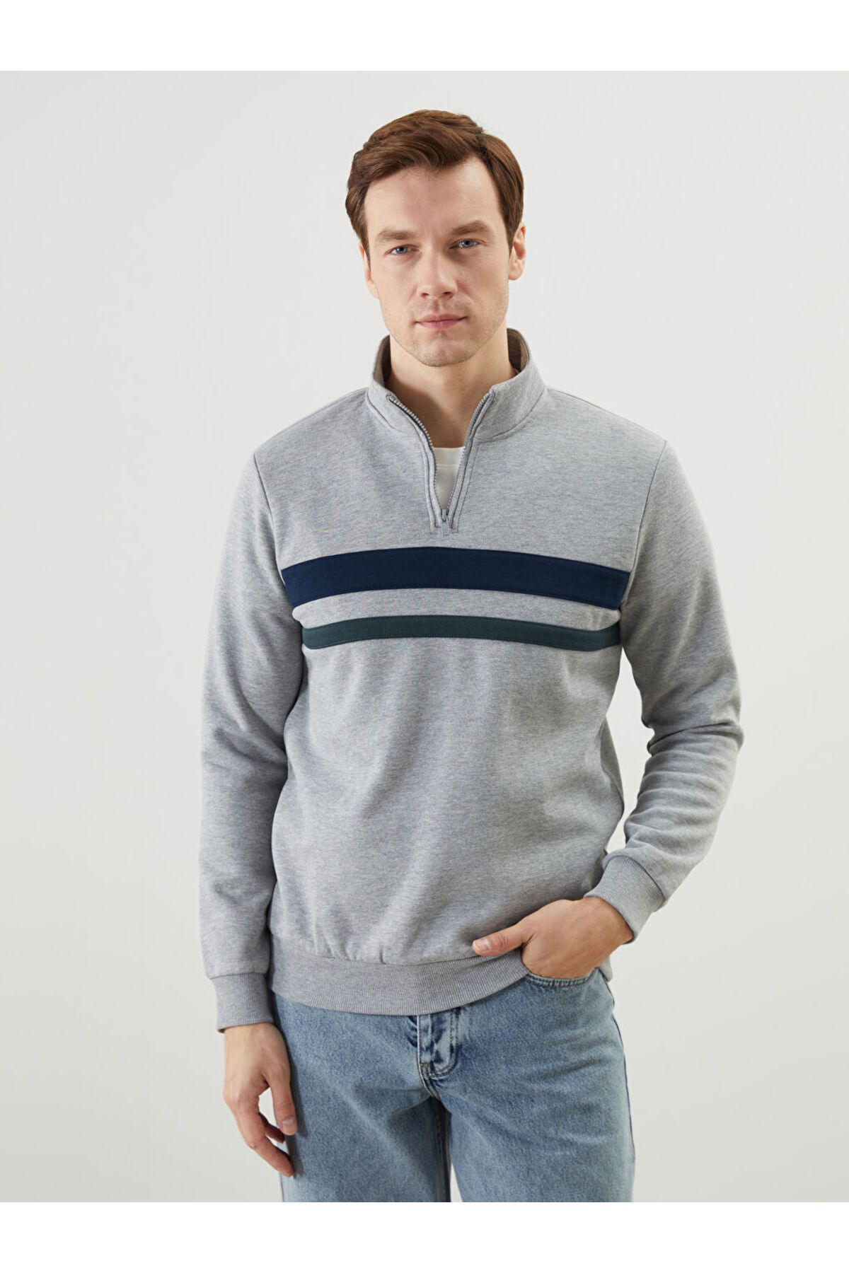 LC Waikiki Dik Yaka Uzun Kollu Çizgili Erkek Sweatshirt