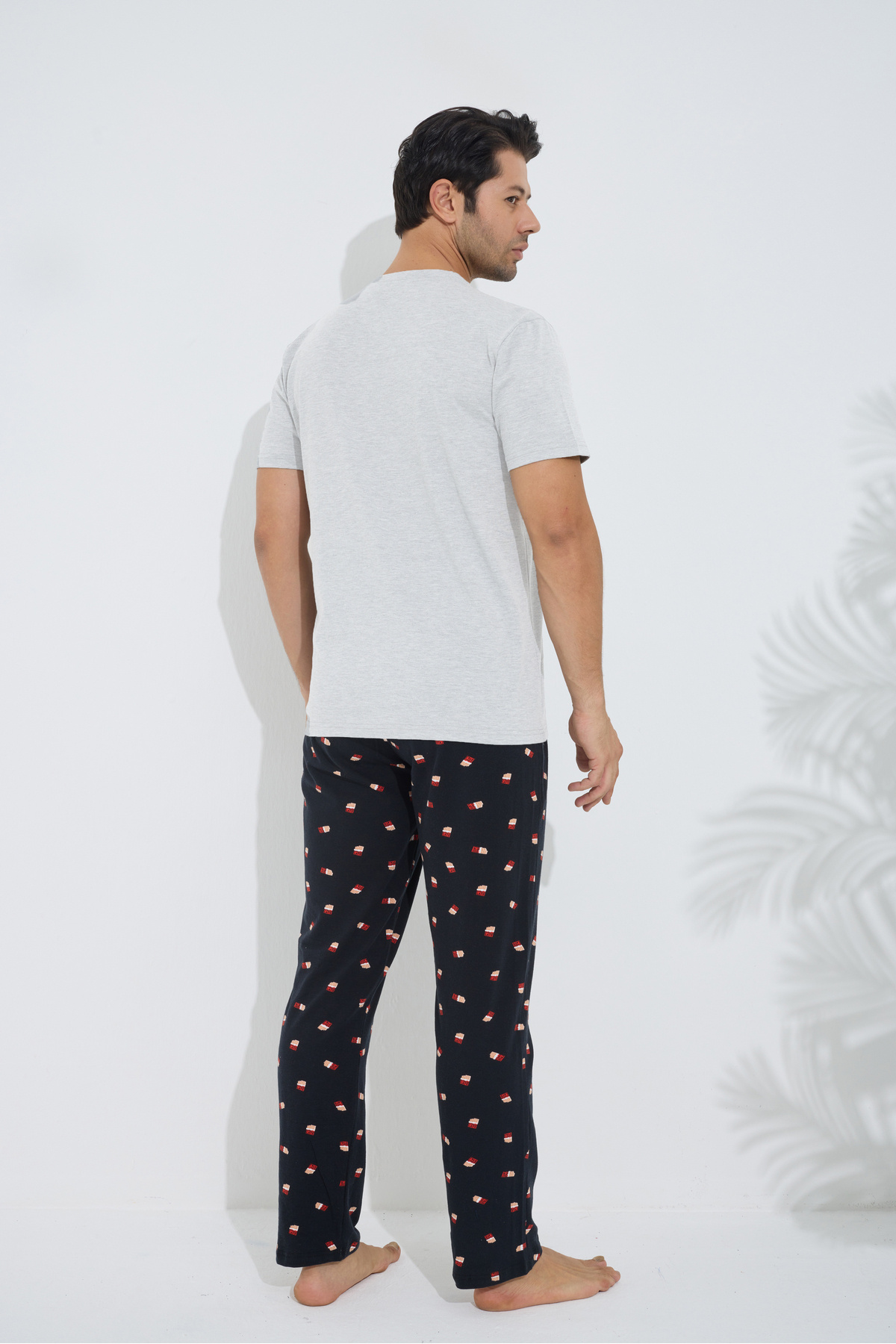 Siyah İnci-Gray Patterned Cotton Crew Neck Printed Short Sleeve Knitted Pajamas Set 3