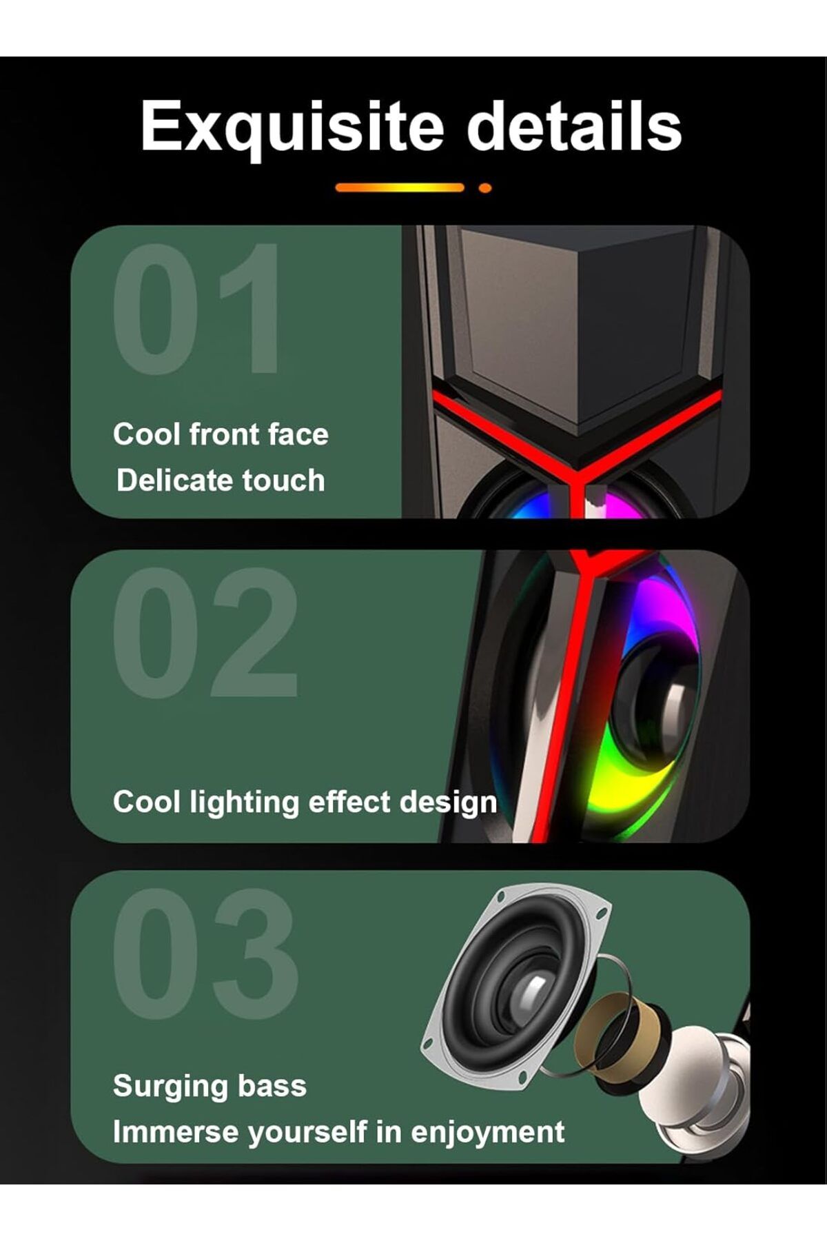 COOYA-Computer Speakers, USB Powered with  LED Light Modes, Enhanced Bass and Easy-Access Volume Control 2