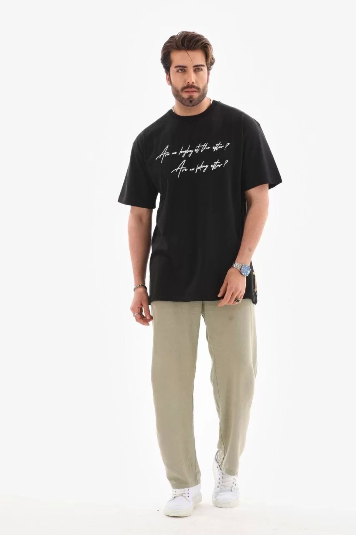CVS Unisex Bisiklet Yaka Baskılı Oversize T-Shirt - Siyah