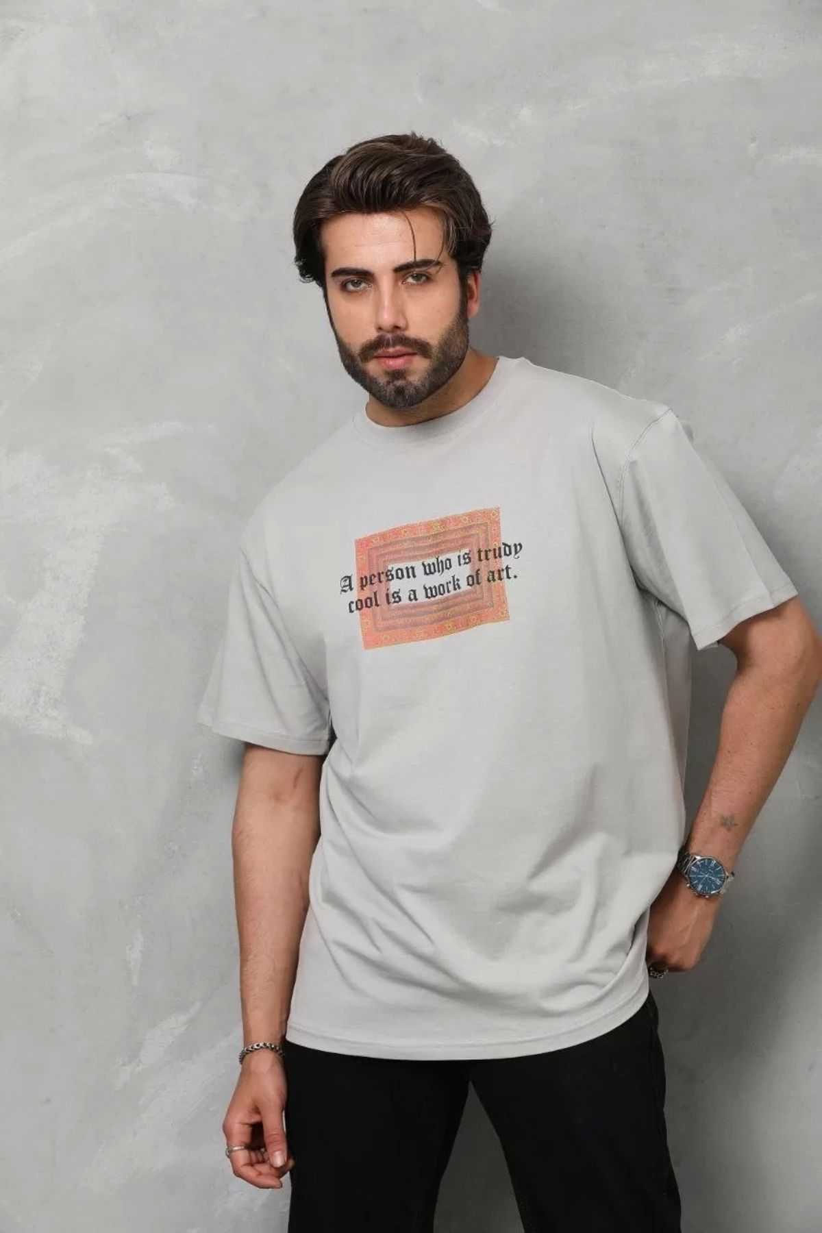 CVS Unisex Bisiklet Yaka Baskılı Oversize T-Shirt - Gri