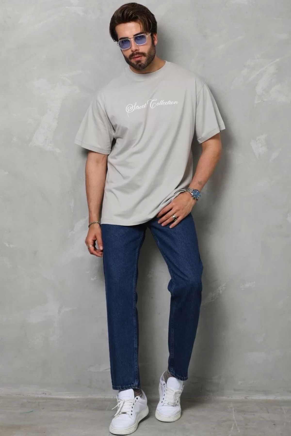 CVS Unisex Bisiklet Yaka Baskılı Oversize T-Shirt - Gri