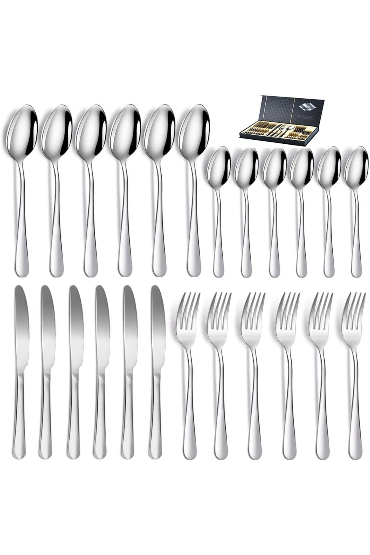 COOYA-24Pcs Flatware Cutlery Set, for Kitchen Restaurant Hotel, Mirror Polished, Dishwasher Safe(Silver) 1