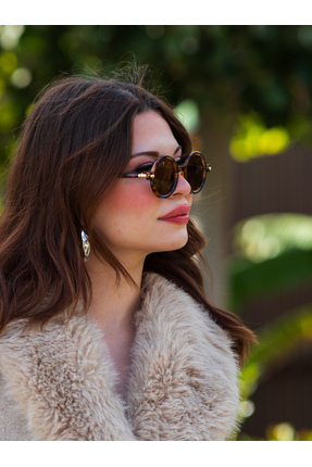 Angel Eyes Yuvarlak Çerçeveli Kahverengi Leopar Desenli Şık Güneş Gözlüğü