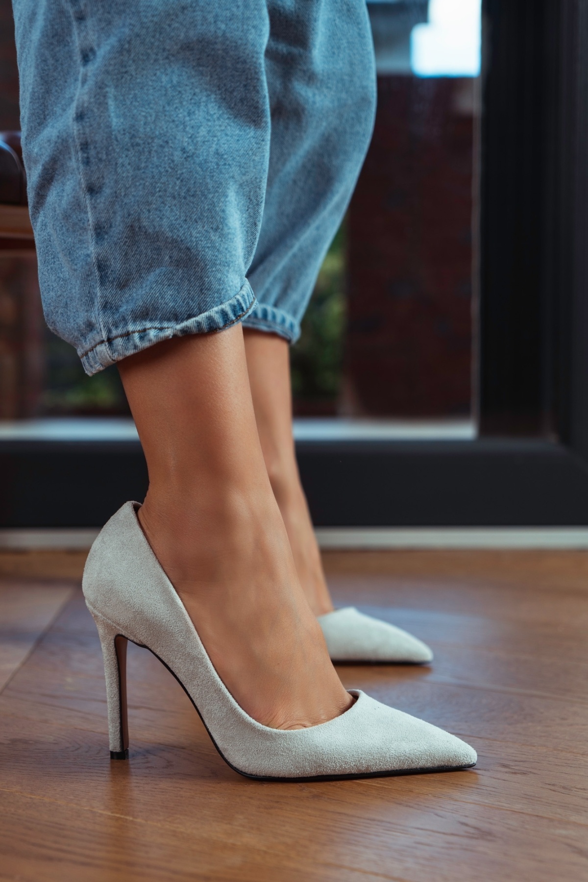 NİŞANTAŞI SHOES-Vanessa Stone Graues Wildleder 10 cm spitzer Zehenbereich mit dünnem Absatz Damen-Stiletto 7