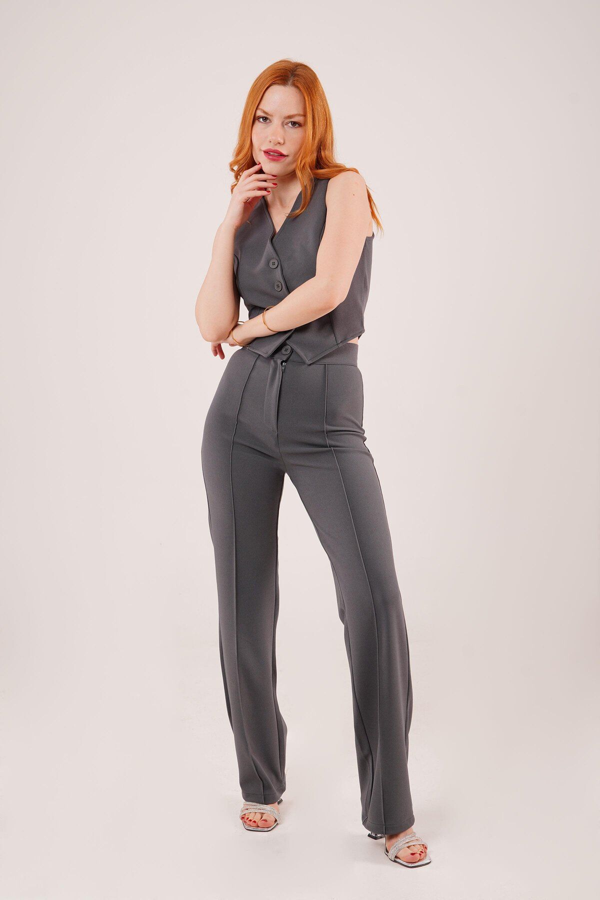 MRA Fashion Ön Dikiş Detaylı Tek Düğme Gri Pantolon