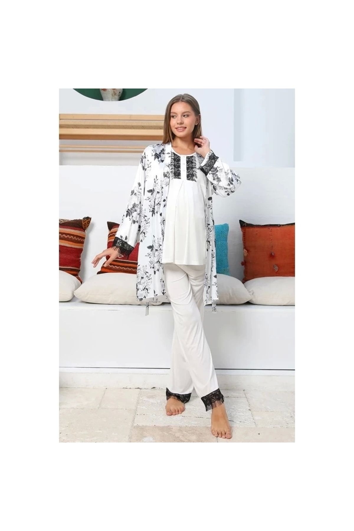 FTT SHOPPING MARKET Mommysh 55711 Kadın Lohusa Saten Sabahlıklı Pijama Takımı