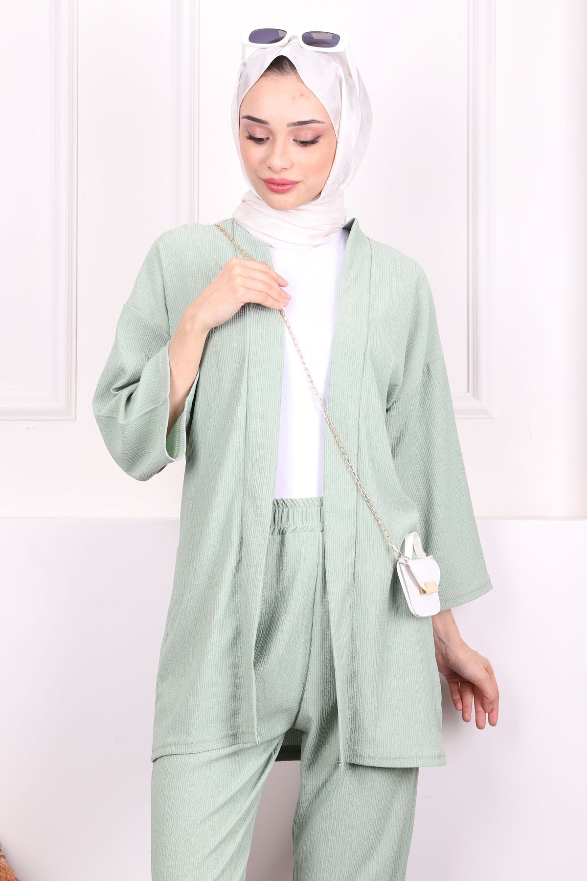 İmajButik-طقم بنطلون كيمونو ملتوي باللون الأخضر النعناعي 3