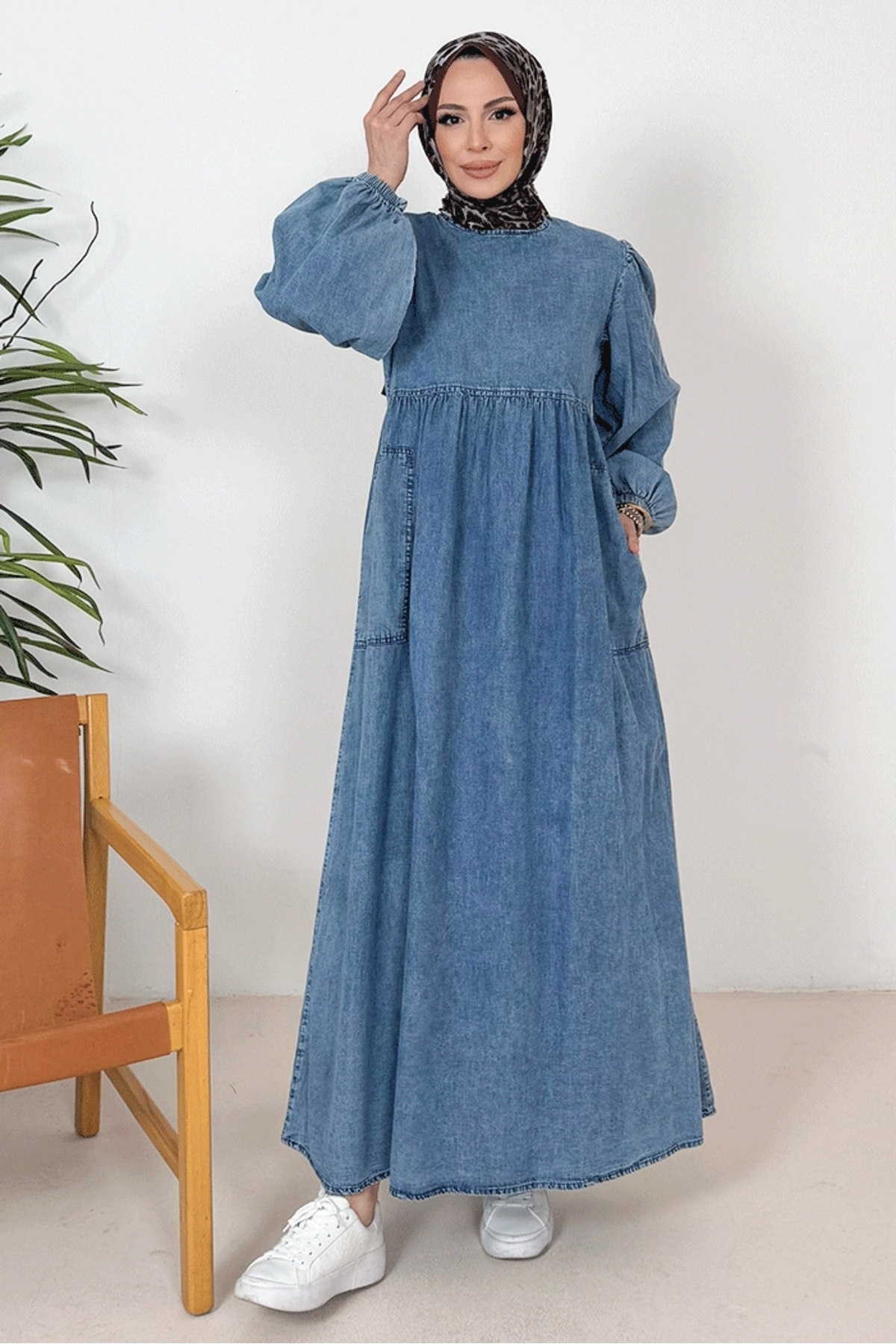 Bestenur Anfil Balloon Sleeve Denim Dress 1392 - Blue