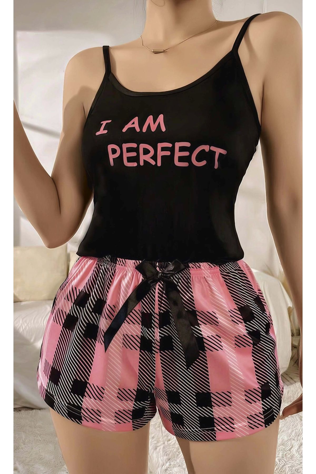 FTT SHOPPING MARKET Kadın Siyah Kare Desenli Askılı Şortlu Pijama Takım