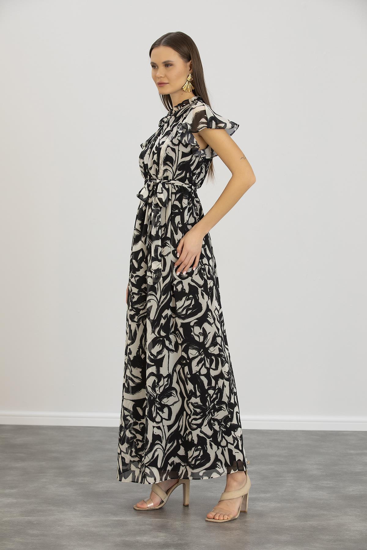Işşıl-IŞIL E0019-Pleated Pregnant Collar Chiffon Gilet Dress 4