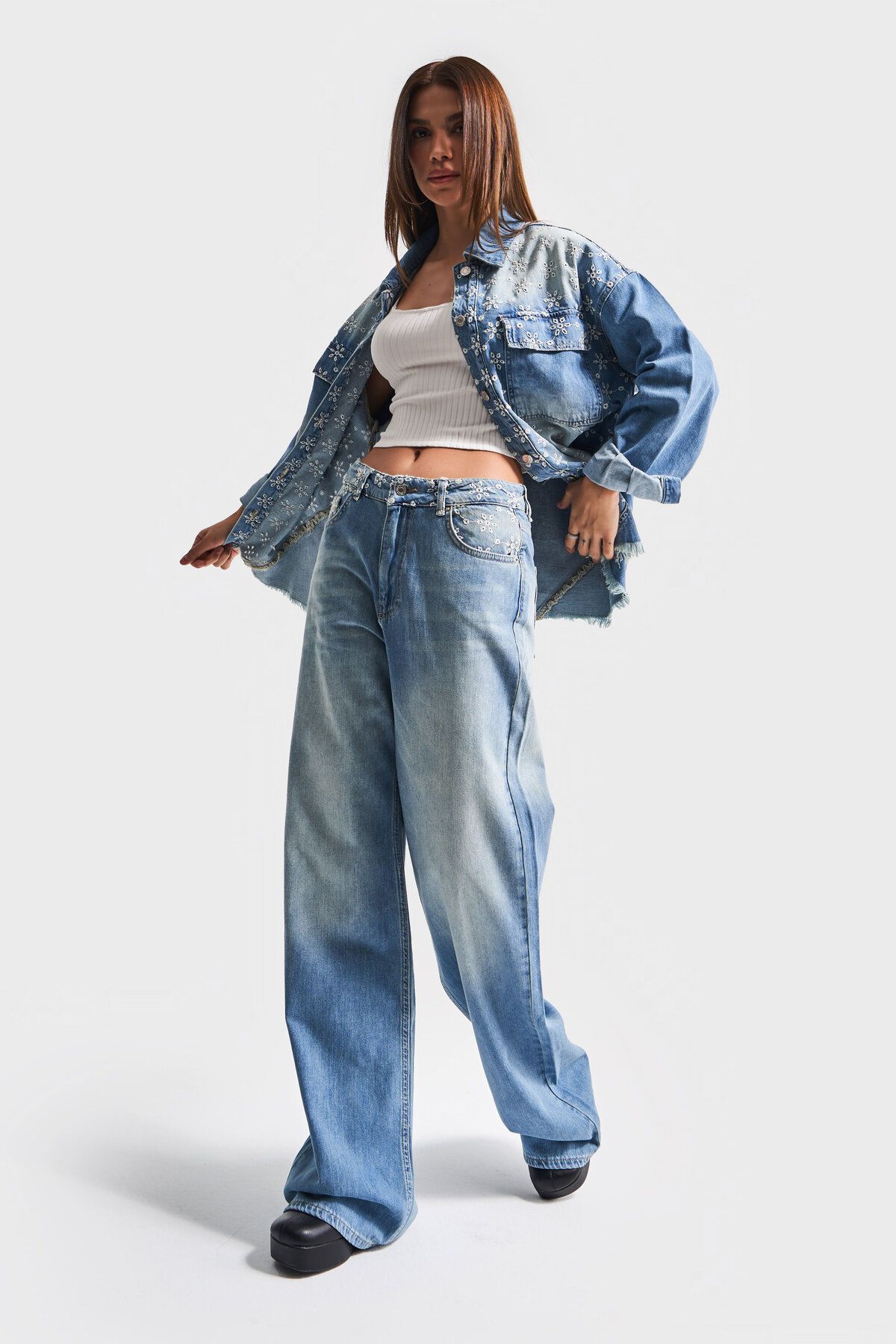 its basic-Curea Yfefen lată Midrise pentru femei, 100% bumbac, blugi din denim cu broderie de flori 6