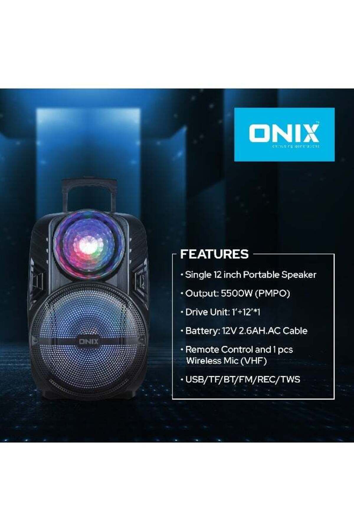 onix-Portable Trolley Speaker 55W, Wireless Mic And Remote With LED Light Party Speaker 3