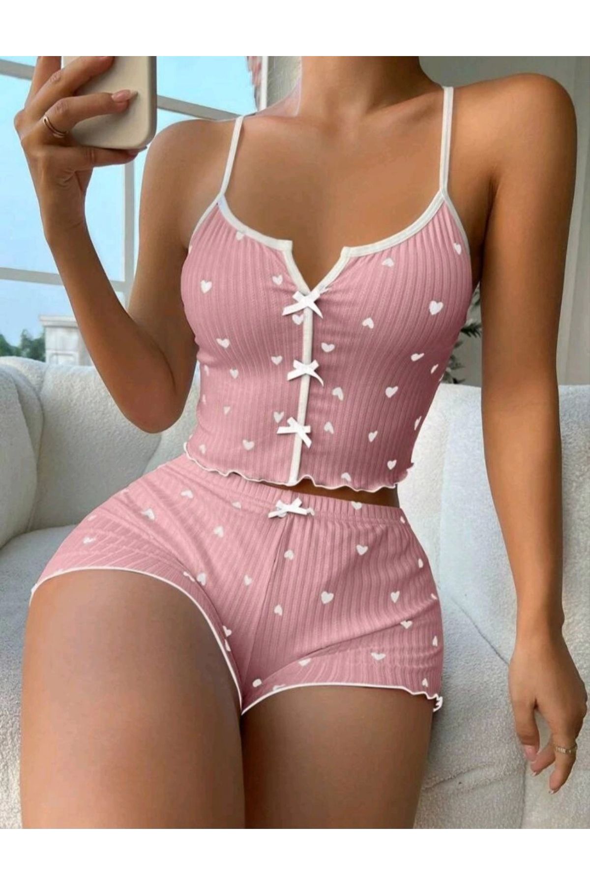 FTT SHOPPING MARKET Kadın Pembe Kalpli Askılı Şortlu Pijama Takım