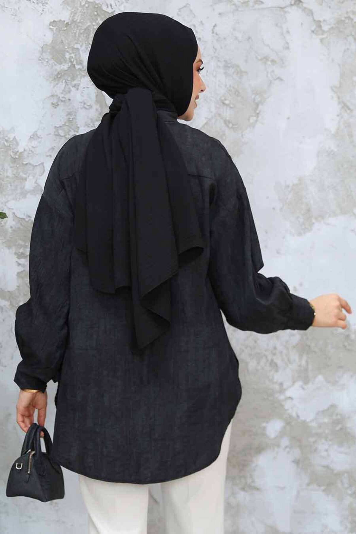 Neva Style-تونيك حجاب أسود - بأزرار 10113S 4