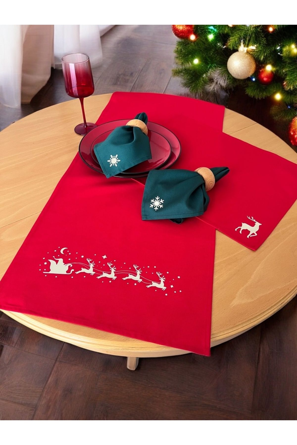 Atölye No 35-Tischsets Weihnachten, 4er Set Rot Gold Rentier-stickerei, Abwaschbar 45x35 Cm 8