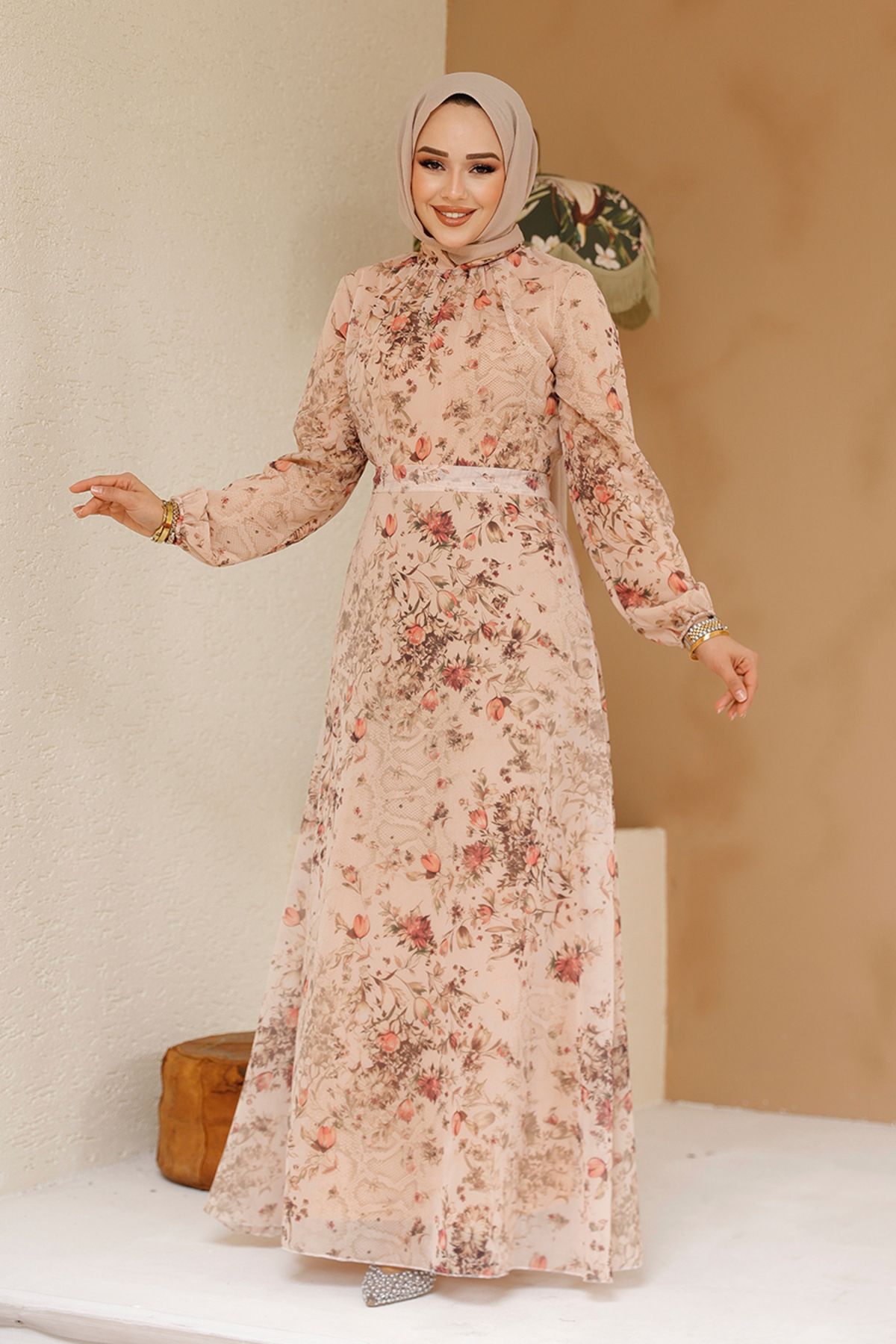 Neva Style-Floral Patterned Salmon Hijab Dress 27966Smn 2