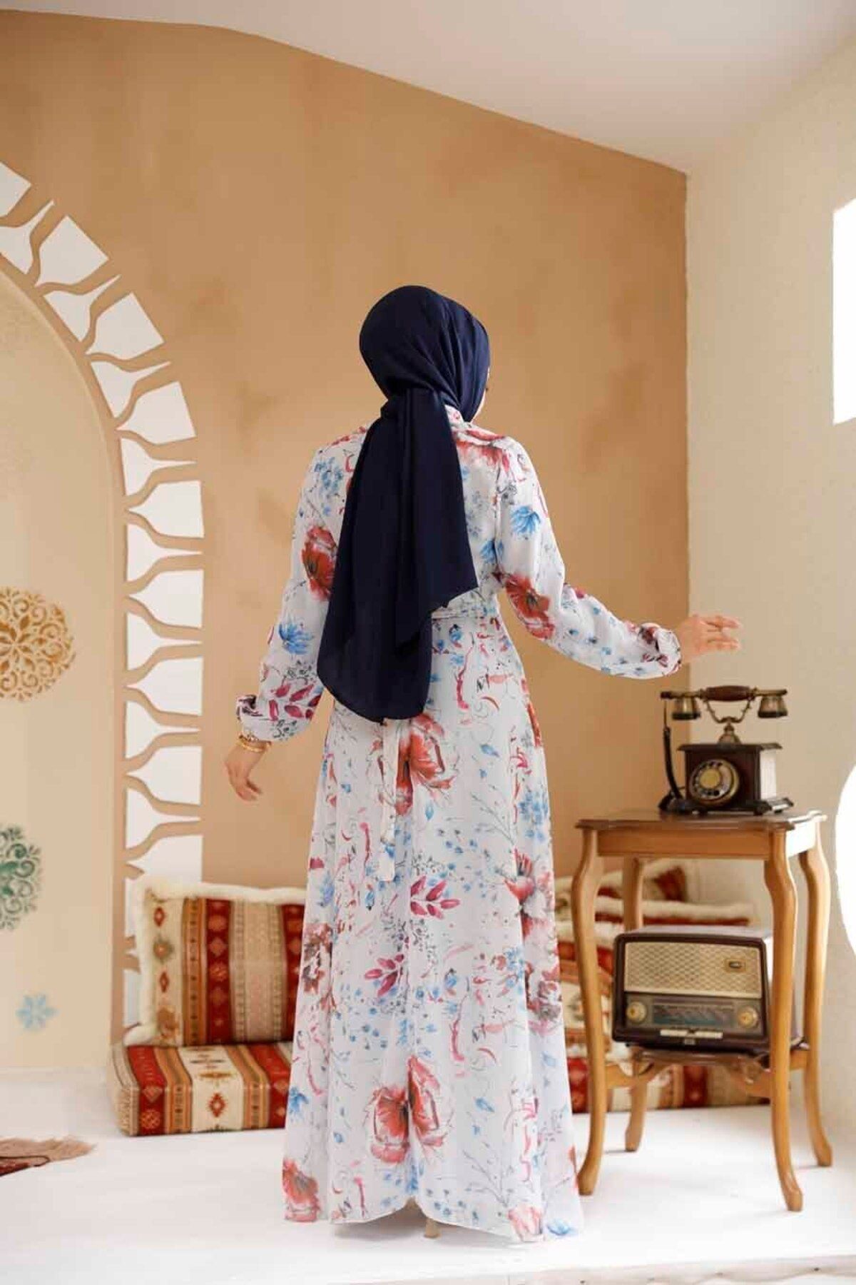 Neva Style-Floral Patterned Gray Hijab Dress 27963Gr 5