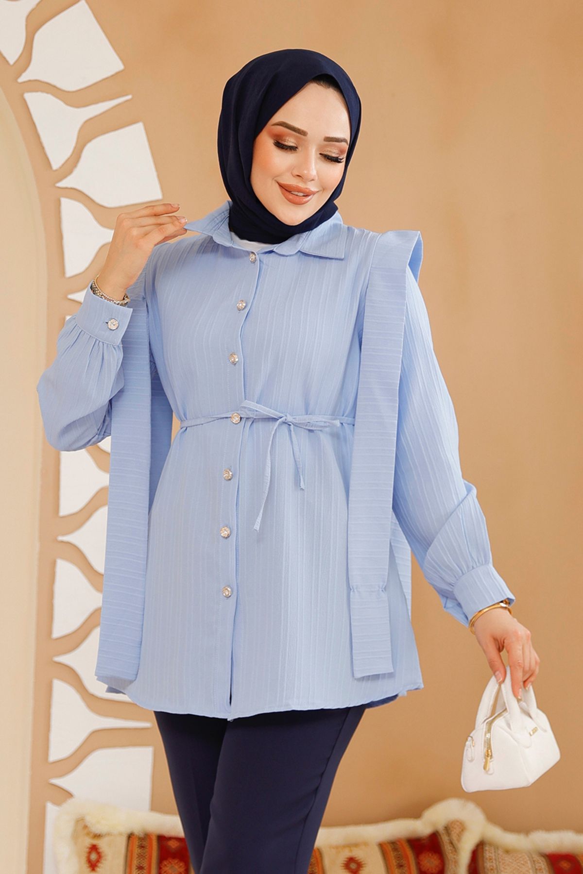 Neva Style-Baby Blue Hijab Tunic with Belted Shoulders 10131Bm 2