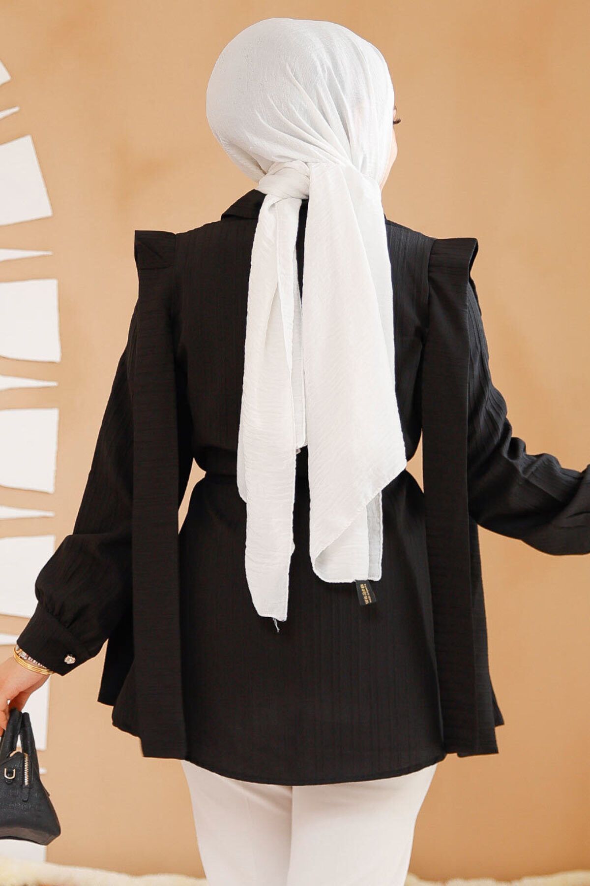 Neva Style-Tunica neagra hijab cu detaliu brâu pe umeri 10131S 4
