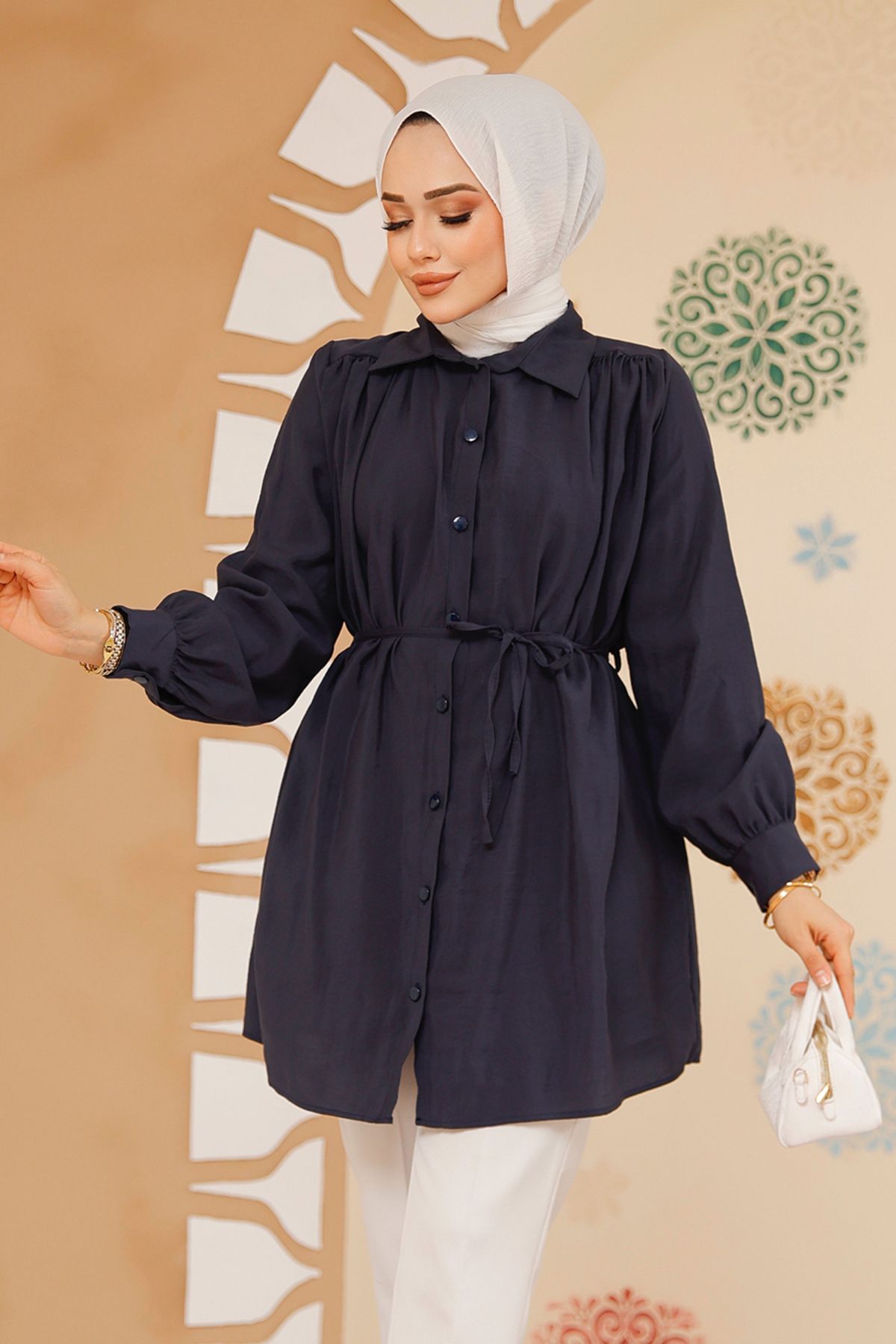 Neva Style-Tunica Hijab Albastru Marin cu nasturi 10025L 2
