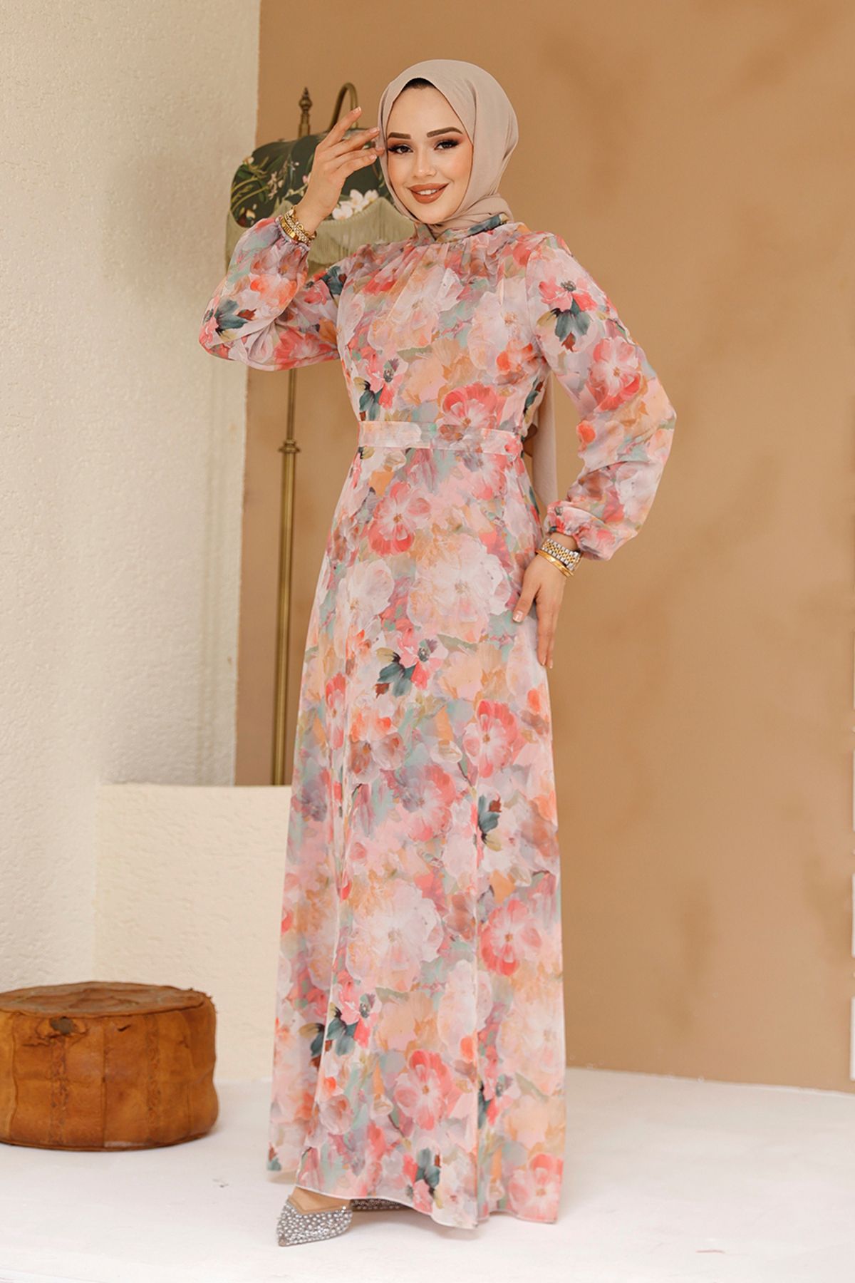 Neva Style-Rochie hijab pudrată cu modele florale 27985PD 2
