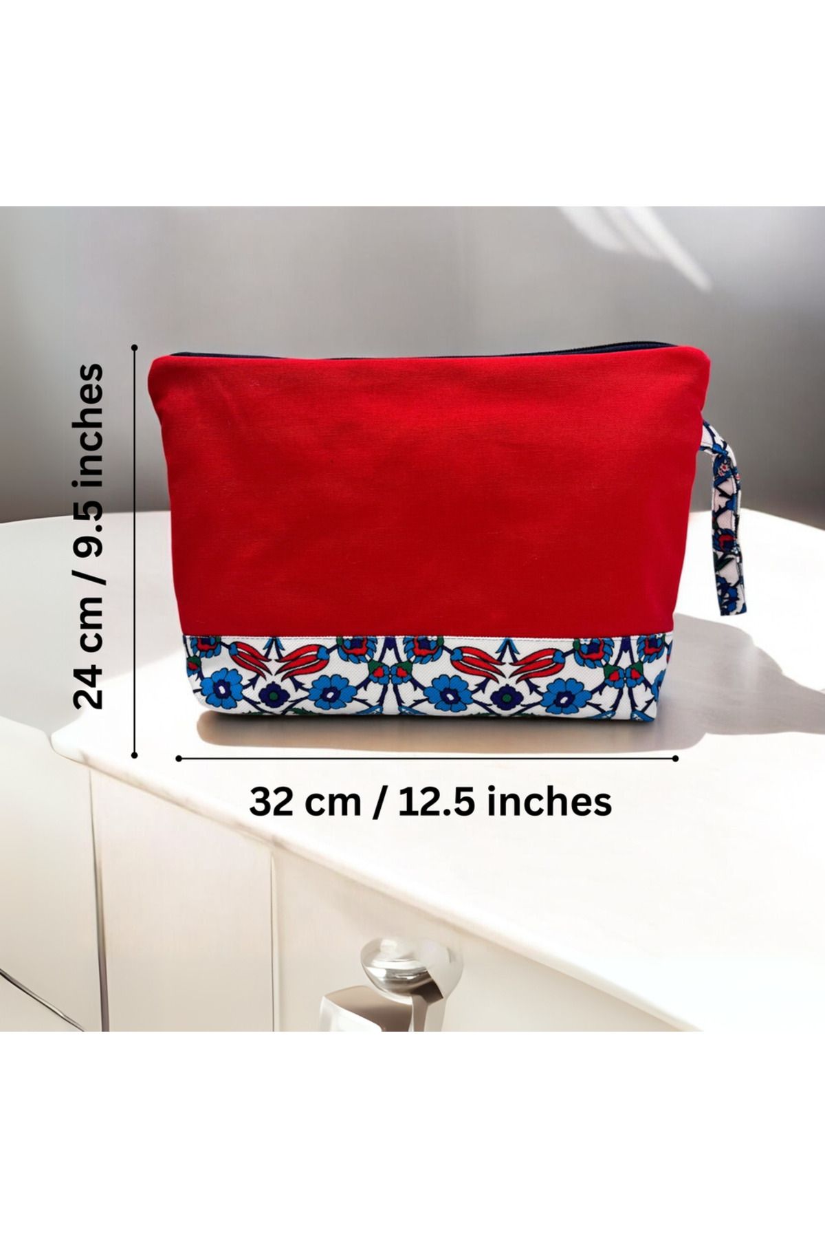 Atölye No 35-Kulturtasche Damen, Kosmetiktasche Rot, Etnisches Muster, 32x24 Cm 4
