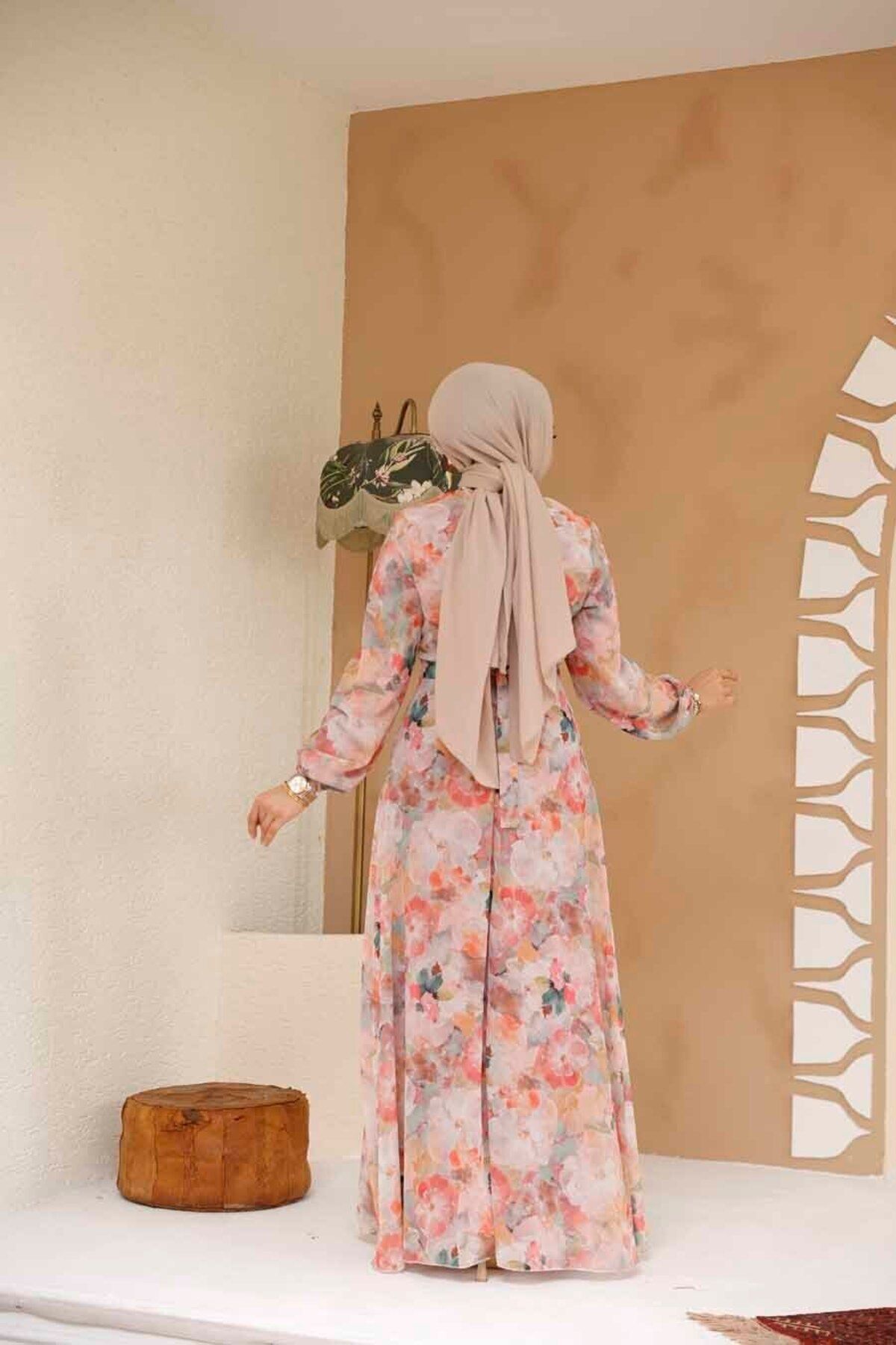 Neva Style-Rochie hijab pudrată cu modele florale 27985PD 4