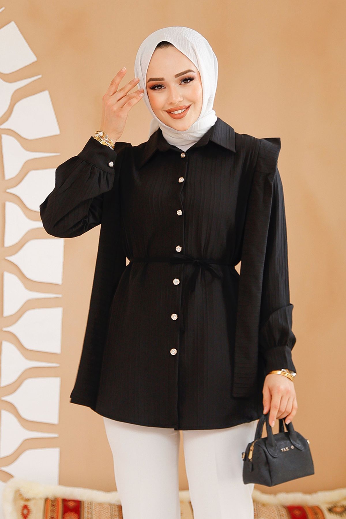 Neva Style-Tunica neagra hijab cu detaliu brâu pe umeri 10131S 2